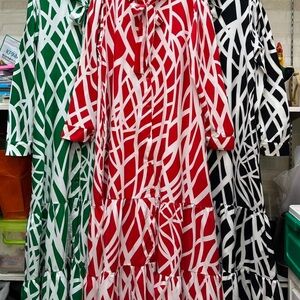 Geometric Patterned Dress - Red, Green, Black